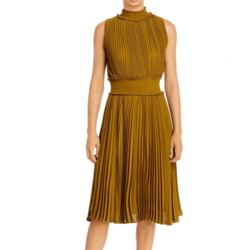 NWT Nanette Lepore‎ Pleated Midi Dress Smocked Waist Sleeveless Gold Size 6